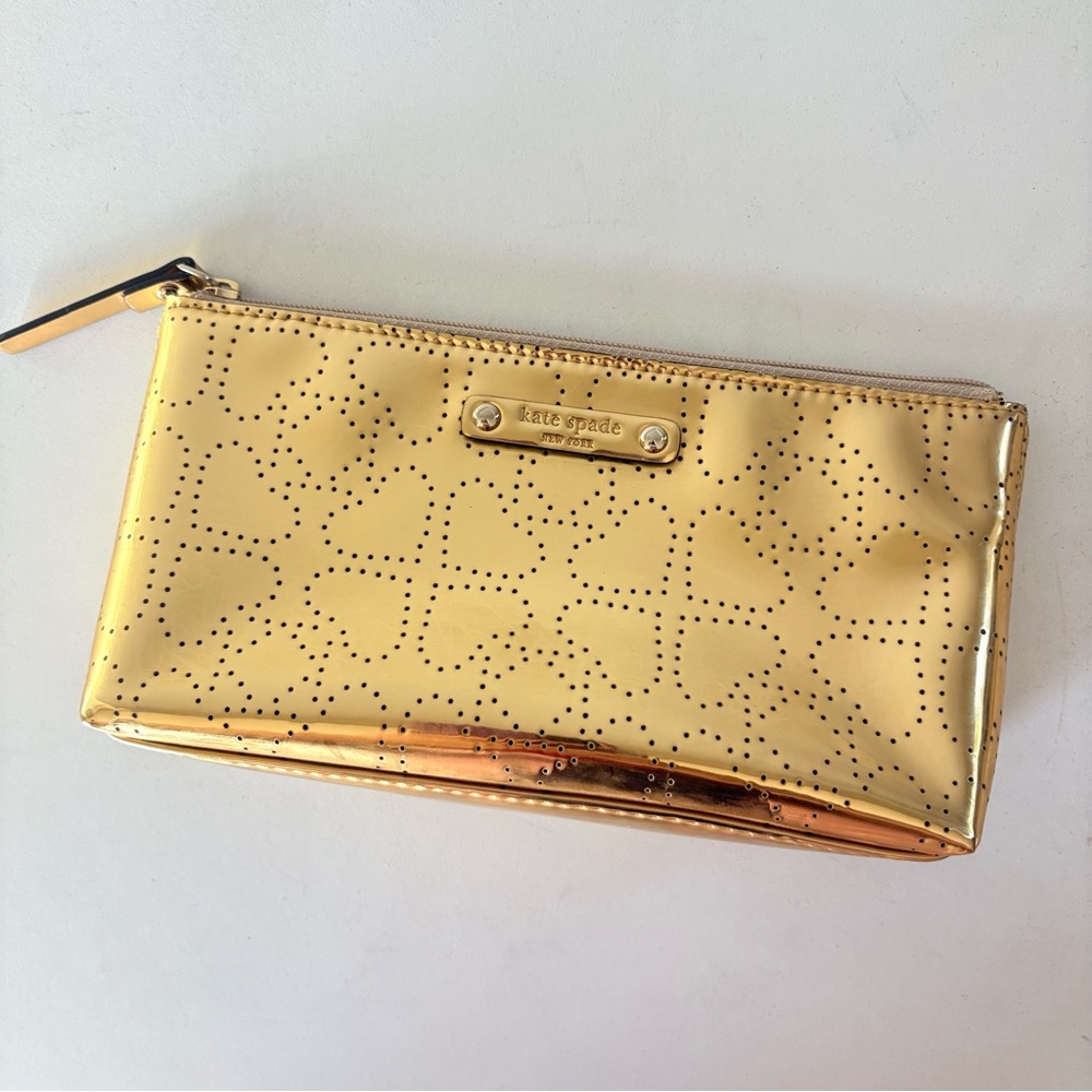 Kate Spade Gold Zipper Travel Cosmetic Make Up Pouch Clutch Bag 7.5”